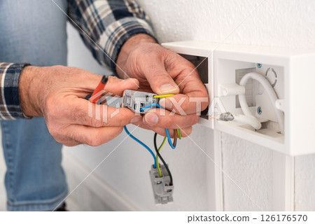Electrician at work on a residential electrical system. Electricity. Electrician at work on a residential electrical system. Electricity. 126176570