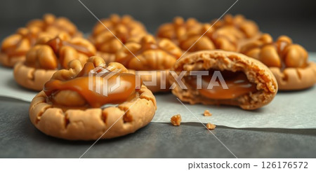 Delicious homemade caramel-filled cookies arranged on a dark surface with one cookie cut in half 126176572