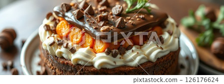 Delicious chocolate cake with cream and fruit garnishes on a wooden table in a cozy setting 126176624