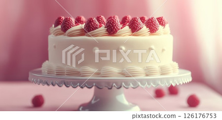Delicious raspberry cake on a white cake stand with a soft pink background adding elegance to the dessert display 126176753
