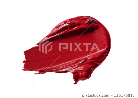 Red lipstick swatch isolated on white background showcasing vibrant color and smooth texture, perfect for beauty and cosmetic product representation. Red lipstick swatch for design. 126176813