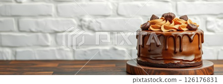 Decadent chocolate cake with nuts and toppings displayed on a wooden table against a brick wall background 126176831