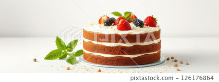 Layered cake topped with fresh berries and mint leaves, set on a clean surface, showcasing a delightful dessert presentation 126176864