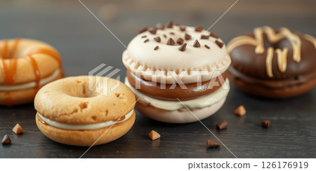 Delightful assortment of colorful dessert treats served on a dark wooden table during a festive gathering 126176919