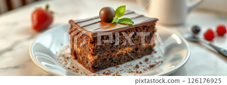 Delicious chocolate cake served on a white plate with fresh berries and mint on a marble table during afternoon tea 126176925