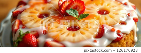 Delicious tropical fruit cake topped with pineapple and strawberries served on a wooden table 126176928