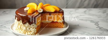 Delicious cake topped with peaches and chocolate ganache on a marble countertop Delicious cake topped with peaches and chocolate ganache on a marble countertop 126176933