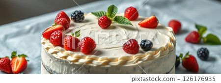 Delicious berry cake topped with fresh strawberries and mint on a light background 126176935