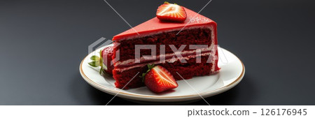 Delicious red velvet cake slice adorned with fresh strawberries served on a white plate 126176945