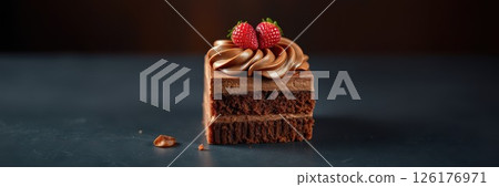 Chocolate dessert slice topped with strawberries and cream on a blue table 126176971
