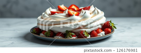 Strawberry dessert showcases whipped cream and fresh strawberries on a marble countertop Strawberry dessert showcases whipped cream and fresh strawberries on a marble countertop 126176981