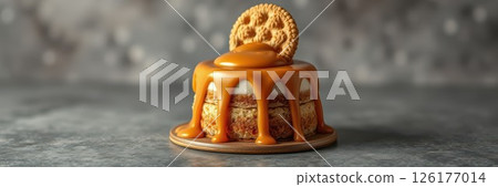 Delicious dessert with caramel drizzle and cookie topping served on a wooden plate 126177014