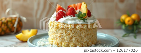 Delicious creamy cake topped with fresh fruits and coconut flakes on a blue plate 126177020