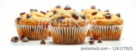 Freshly baked chocolate chip muffins displayed on a white background for a tasty treat Freshly baked chocolate chip muffins displayed on a white background for a tasty treat 126177025