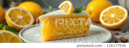 Lemon cake slice sits on a plate surrounded by fresh lemons and mint leaves in a bright kitchen setting Lemon cake slice sits on a plate surrounded by fresh lemons and mint leaves in a bright kitchen setting 126177036