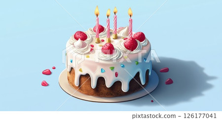 Delicious birthday cake with candles and strawberries, perfect for celebration and joy 126177041