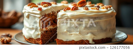 Moist carrot cake topped with cream cheese frosting and pecans served on a rustic plate 126177056