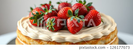 Fresh strawberries adorn a creamy cake ready for dessert at a summer gathering in a bright kitchen 126177073