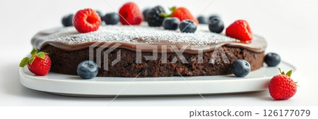 Delicious chocolate cake topped with berries on a white platter ready for a celebration 126177079