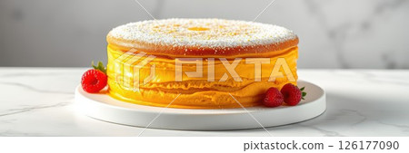 Delicious layered mango cake topped with powdered sugar and fresh raspberries on a white marble surface 126177090