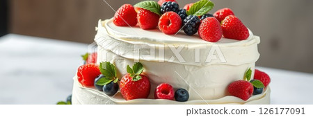 Beautiful layered cake decorated with fresh berries and mint leaves on a light surface 126177091