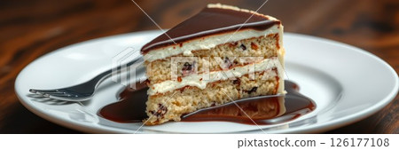 Decadent chocolate cake slice served on a white plate with a fork at a cozy dessert cafe 126177108