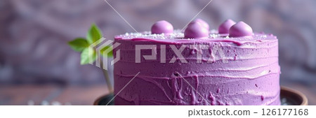 Delicious purple cake with elegant frosting and decorative elements showcased on a rustic background 126177168