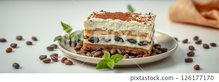 Delicious layers of dessert featuring coffee, cream, and cake garnished with mint leaves on a white background 126177170