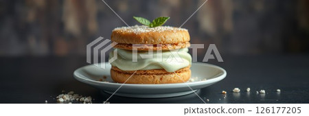 Delightful dessert featuring a creamy filling between two golden cookies with a touch of mint on top served on a plate 126177205