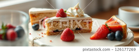 Delicious berry layer cake served on a white plate in a cozy cafe setting with coffee in the background Delicious berry layer cake served on a white plate in a cozy cafe setting with coffee in the background 126177269