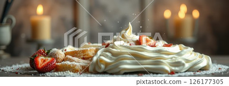 Delicious meringue dessert topped with strawberries served in a cozy candlelit setting Delicious meringue dessert topped with strawberries served in a cozy candlelit setting 126177305
