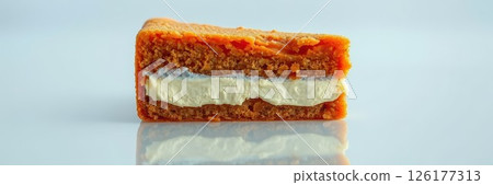 Delicious dessert with cream filling showcasing vibrant colors and textures on a sleek surface 126177313