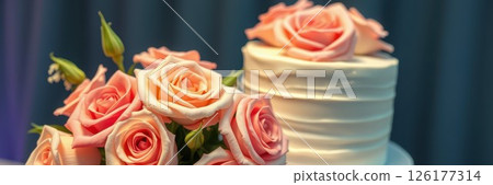 Beautifully decorated cake with fresh pink roses creating a stunning centerpiece for a celebration Beautifully decorated cake with fresh pink roses creating a stunning centerpiece for a celebration 126177314