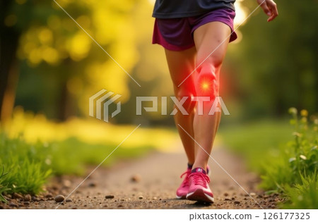 Athletic woman who injured her knee while running. Joint problems and tendon inflammation 126177325