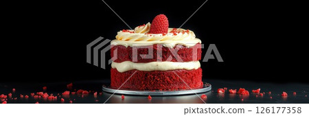 Red velvet cake with cream cheese frosting and raspberry decoration on black background 126177358