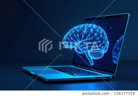 Integration of artificial intelligence into computer technologies. Brain and laptop. Polygonal design of interconnected lines and points. Blue background 126177359