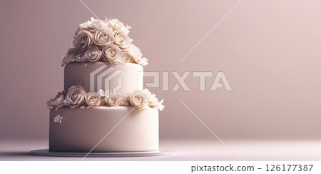 Elegant wedding cake adorned with delicate white roses and soft pastel colors in an intimate setting 126177387