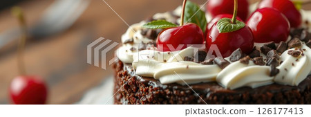 Decadent chocolate cake adorned with cherries and whipped cream ready for celebration 126177413
