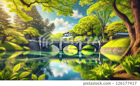 The Nijubashi Bridge at the Imperial Palace with young leaves and fresh greenery 126177417