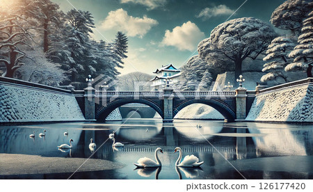 Snow-covered Nijūbashi Bridge at the Imperial Palace 126177420