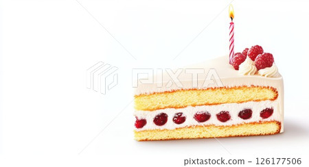 Delicious slice of raspberry cake with a candle celebrating a special occasion 126177506