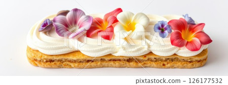 Delicate pastry topped with fresh flowers and creamy frosting creates a colorful dessert treat 126177532