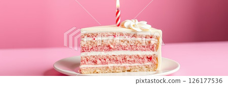Delicious slice of pink cake with a candle on a white plate against a pink background 126177536