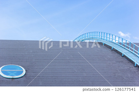 Ceramic grey roof covering with window and stairs Ceramic grey roof covering with window and stairs 126177541