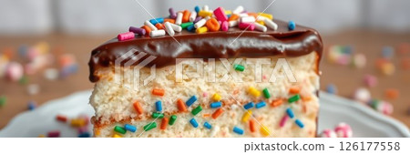 Celebration dessert features a slice of cake topped with icing and colorful sprinkles on a wooden table 126177558