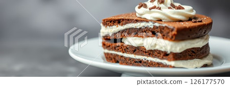 Chocolate layered dessert with creamy filling served on a white plate 126177570