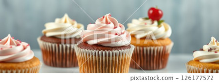Delicious cupcakes decorated with frosting and cherries in a bakery setting 126177572