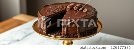Delicious chocolate cake with coffee beans displayed on a golden cake stand in a modern kitchen setting 126177585