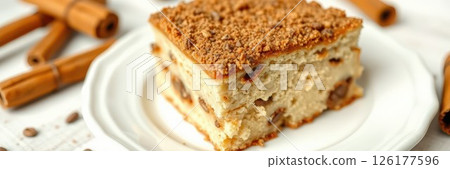 Delicious cinnamon apple cake served on a white plate with cinnamon sticks nearby during a cozy autumn afternoon 126177596