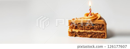 Delicious chocolate cake slice with creamy frosting and a candle on top, perfect for celebrations 126177607